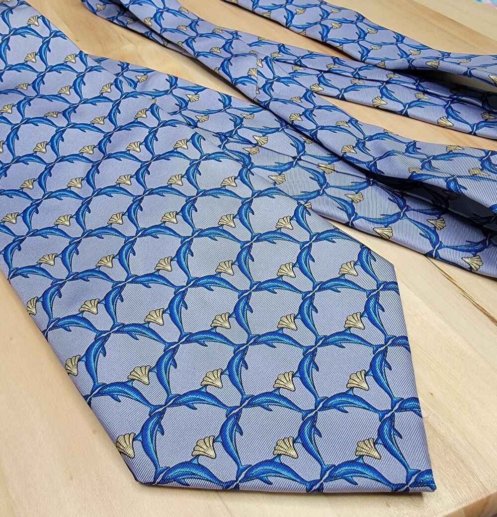 Lanvin Paris Dolphin Print Silk Tie Blue Sea Life Ocean Marine Novelty Necktie